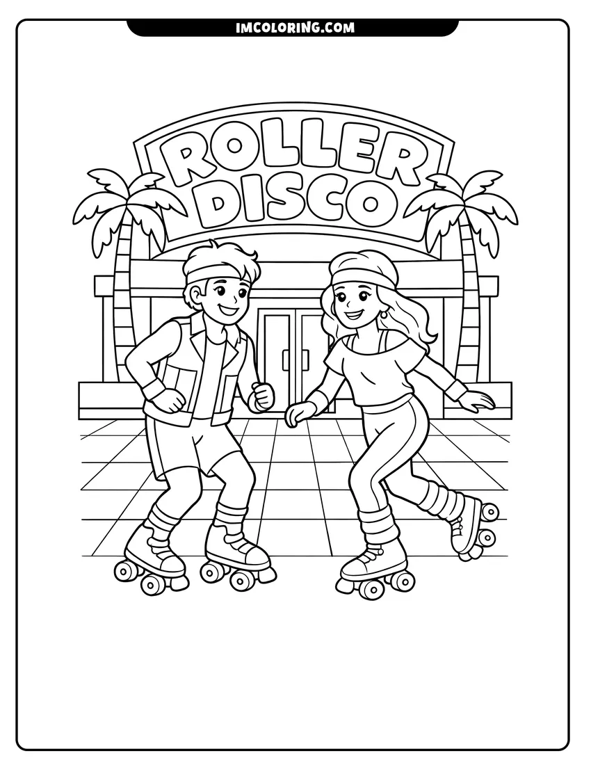 Simple sketch of 80S couple roller skating at a disco for children