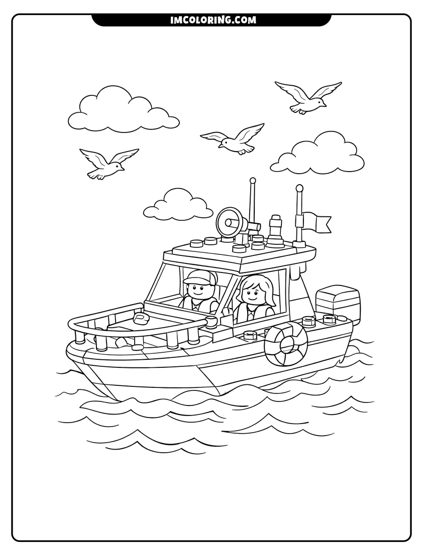 Outline of Lego motorboat with a cabin floating on wavy water on a white background
