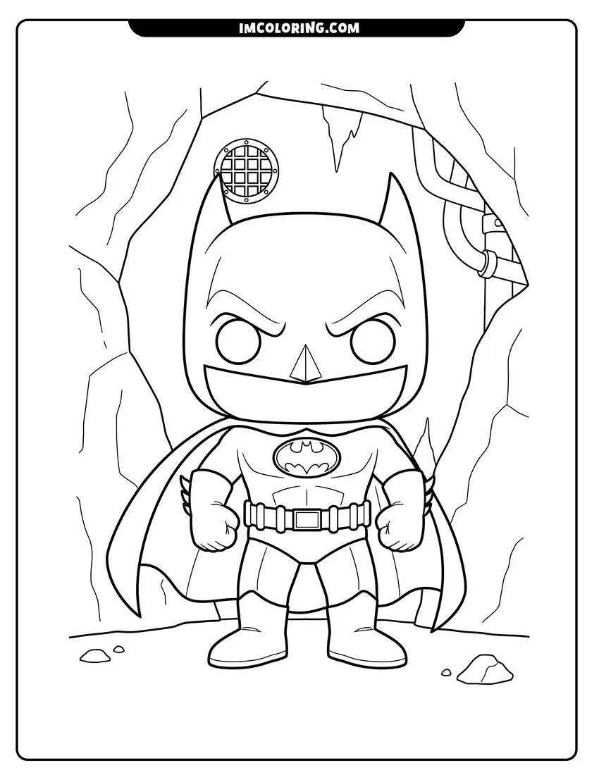 Kawaii style Funko Pop Batman standing inside a rocky cave coloring picture