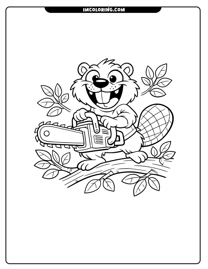 Printable coloring page featuring Happy beaver holding a large chainsaw on a branch