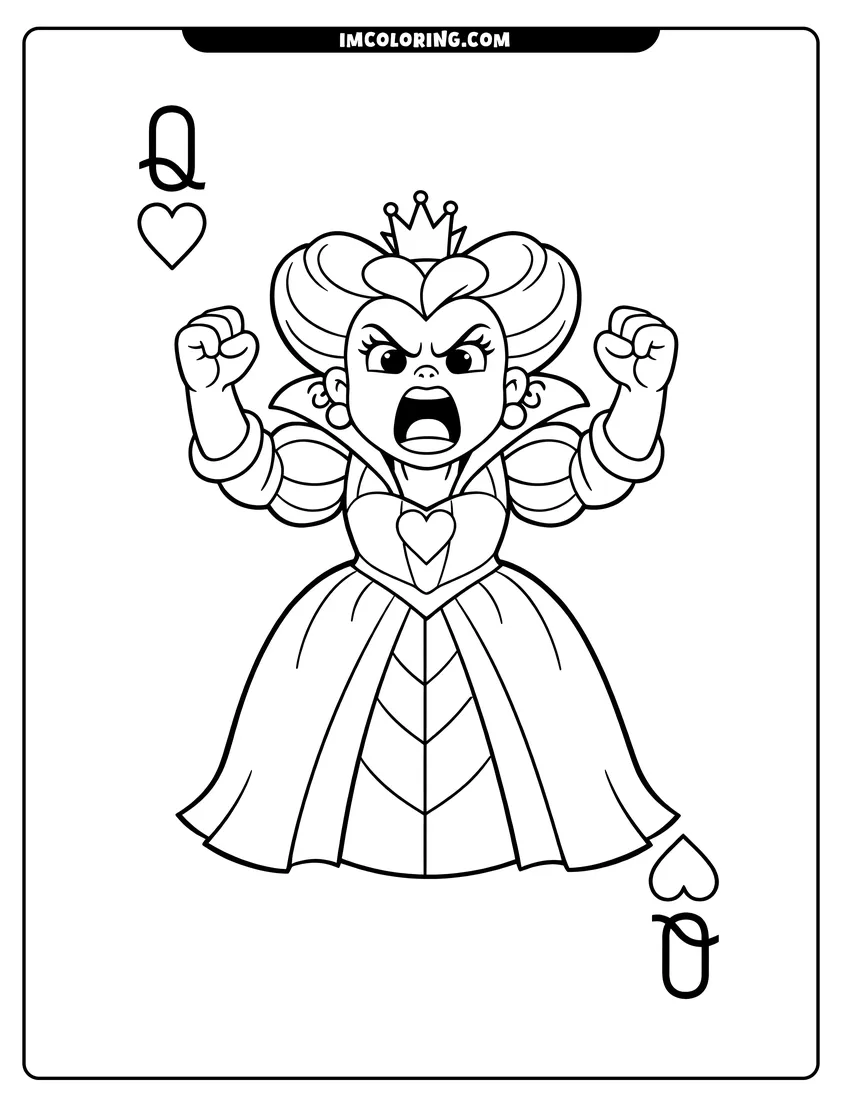 Detailed Red Queen framed within a playing card border design for coloring