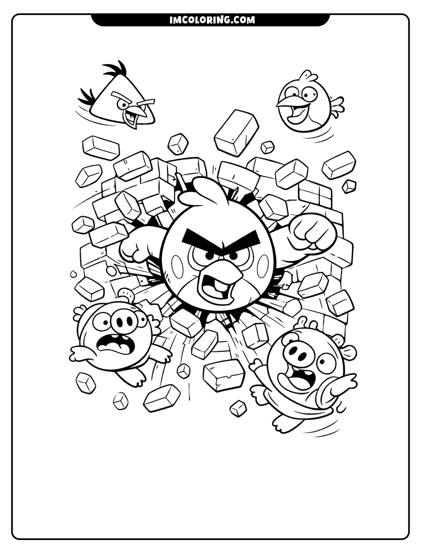 Detailed Red smashing through a brick wall with pigs flying design for coloring