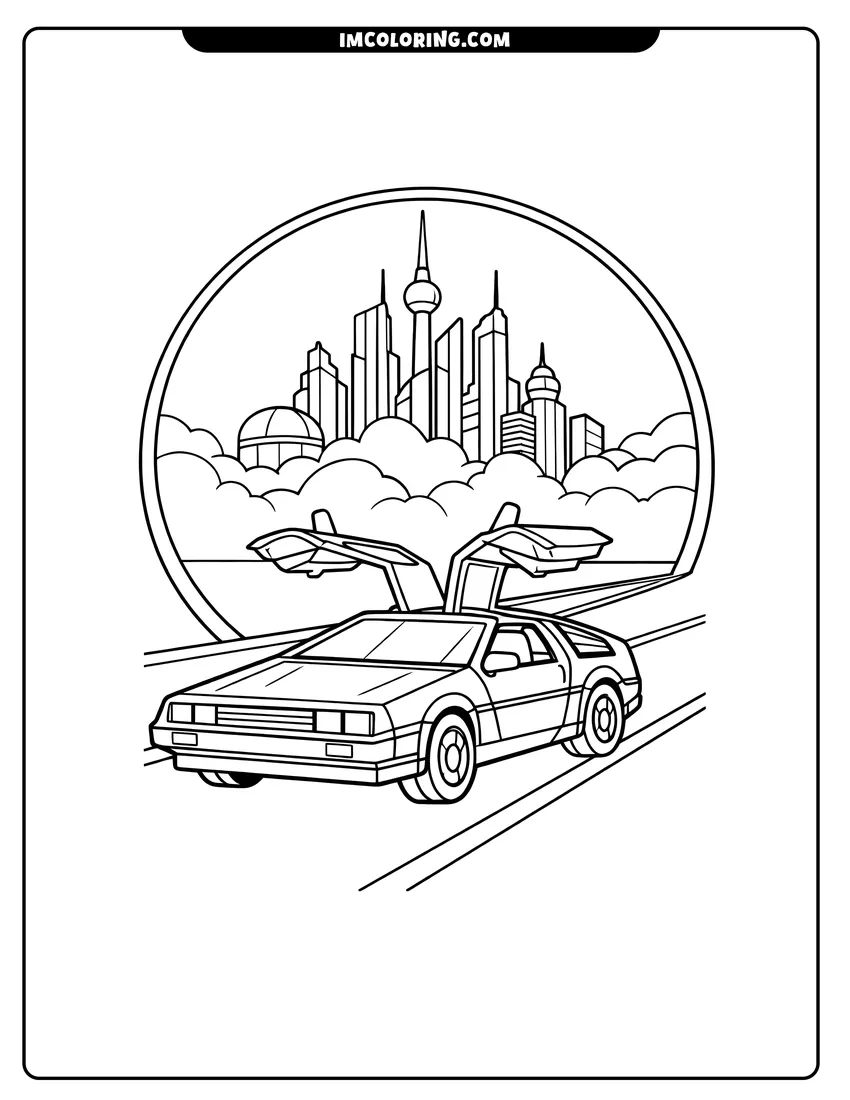Black and white 80S sports car on highway with city coloring sheet