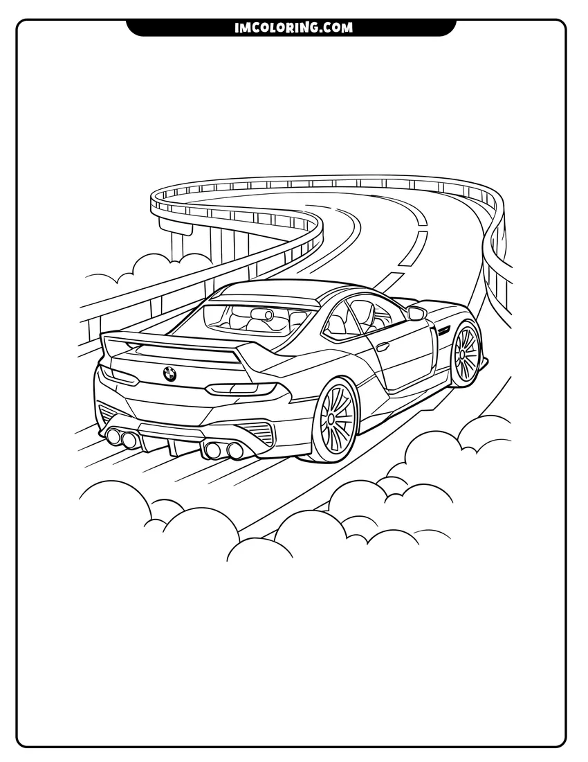 Bmw 3.0 CSL Hommage concept car on a bridge drawing meant for coloring