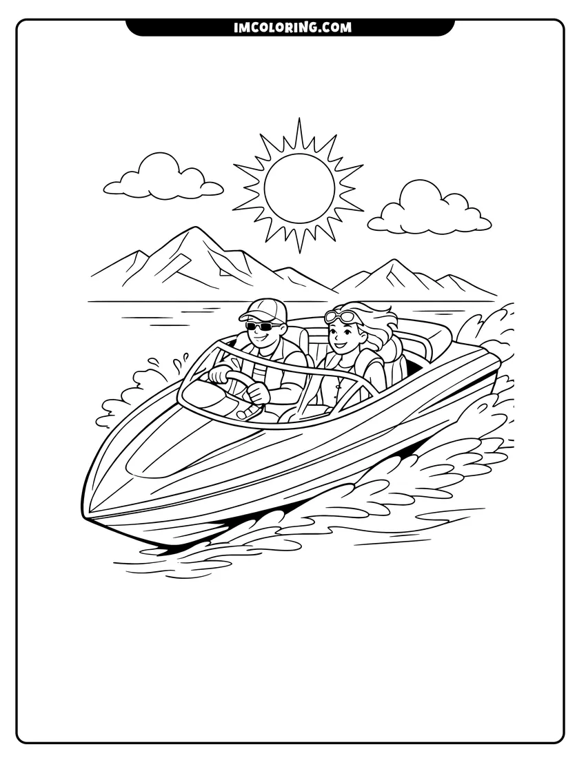 Printable Futuristic speedboat with an open cockpit racing on a lake coloring activity