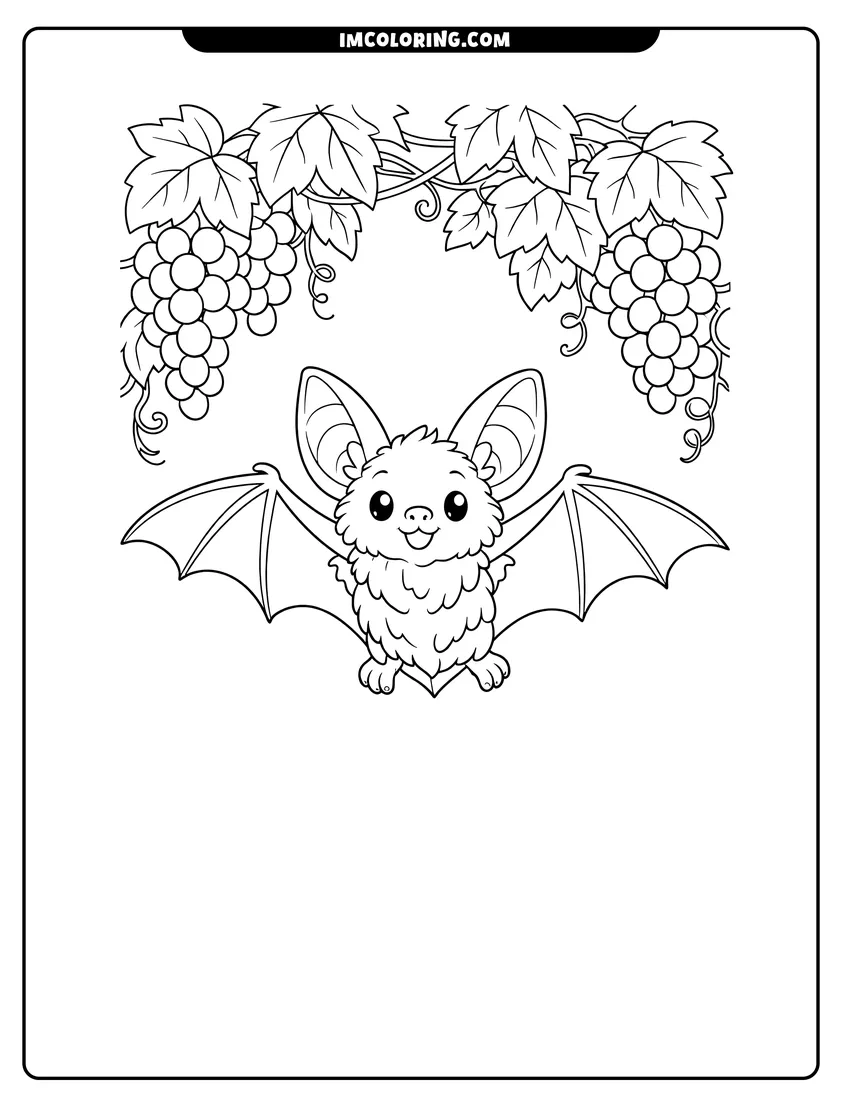 Coloring sheet of Fuzzy little brown bat flying near grapevines for kids