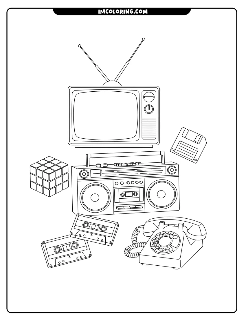 Vector style outline of Iconic eighties electronics including a boombox and puzzle cube
