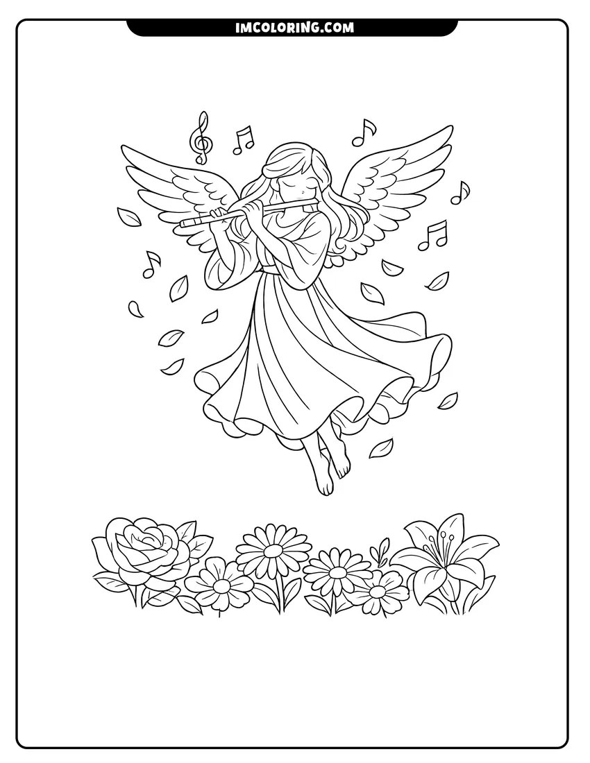Kawaii style Serene angel playing a flute over a flower garden coloring picture