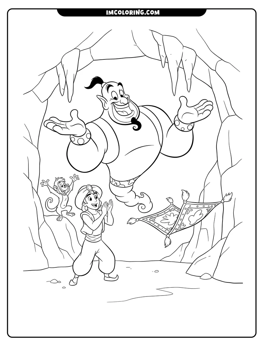 Line art depicting Genie performing for Aladdin Abu and Magic Carpet in cave