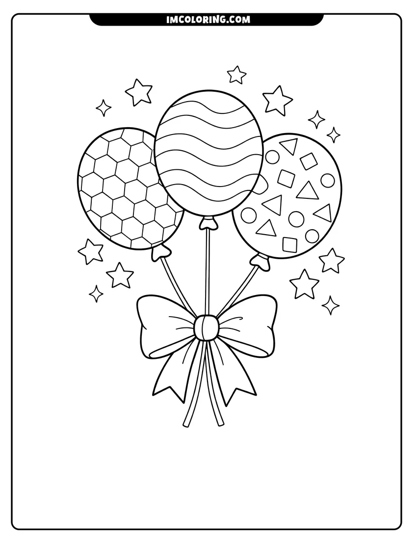 Scene showing Three balloons with geometric patterns and a bow to color