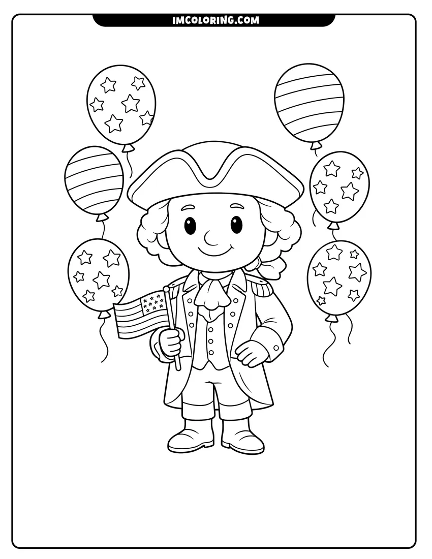 Line art depicting Cartoon George Washington with balloons and flag