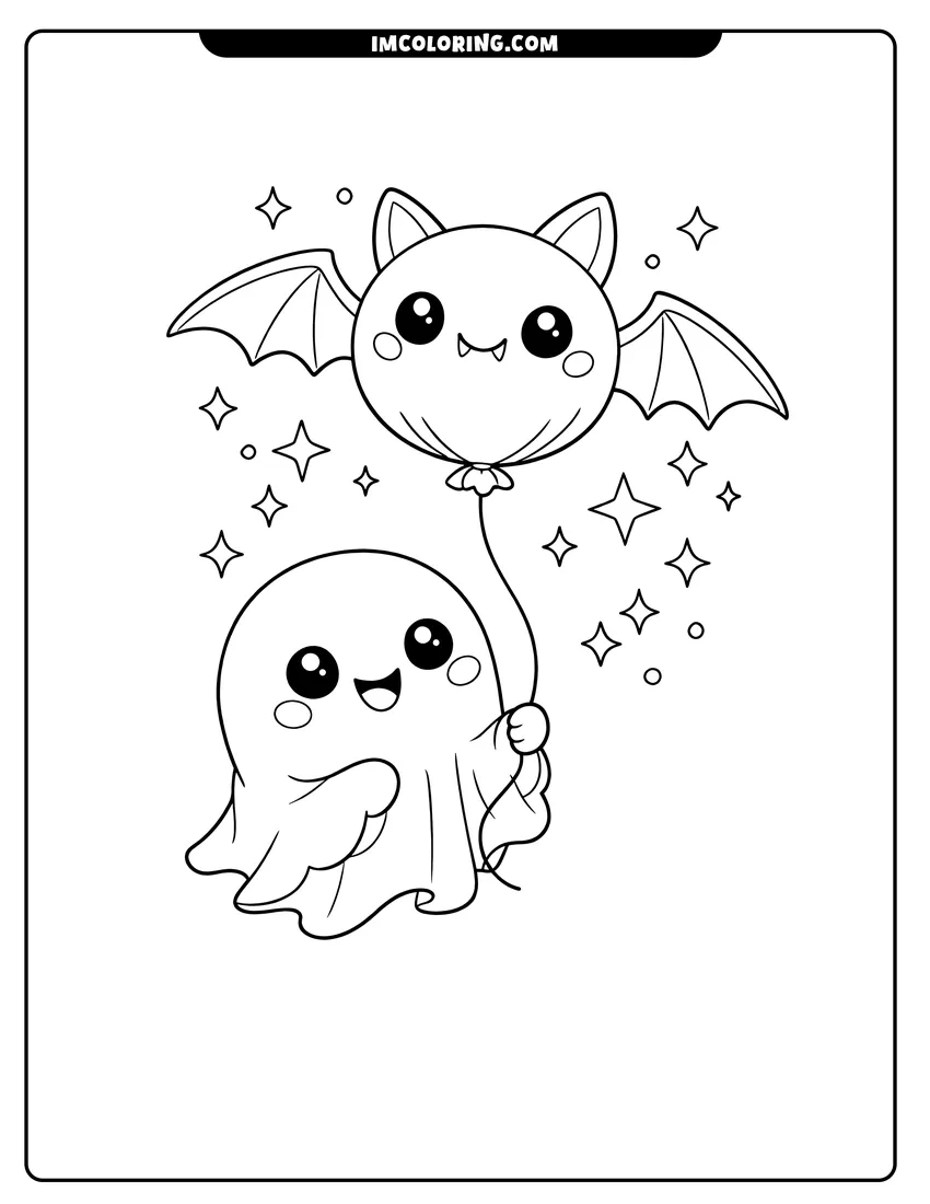 Detailed Cute ghost holding a round bat shaped balloon design for coloring