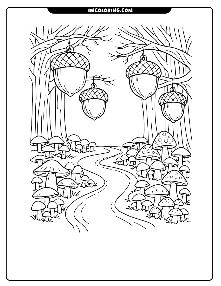 Illustration of Giant acorns hanging like lanterns over a path ready for painting