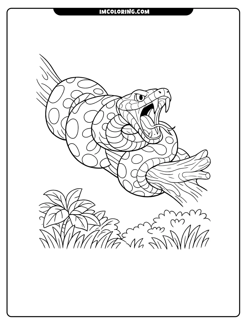 Scene showing Giant spotted Anaconda striking from a thick tree branch to color