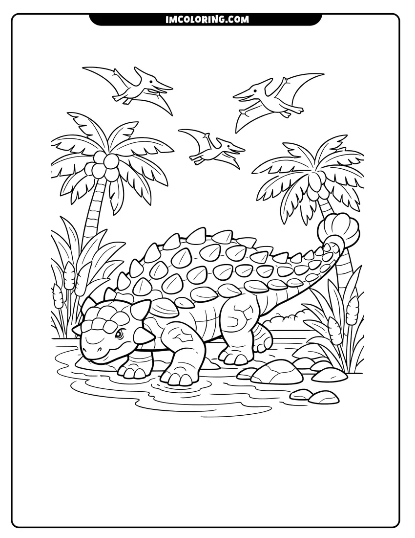 Printable outline of Large Ankylosaurus entering a river with palm trees and pterodactyls