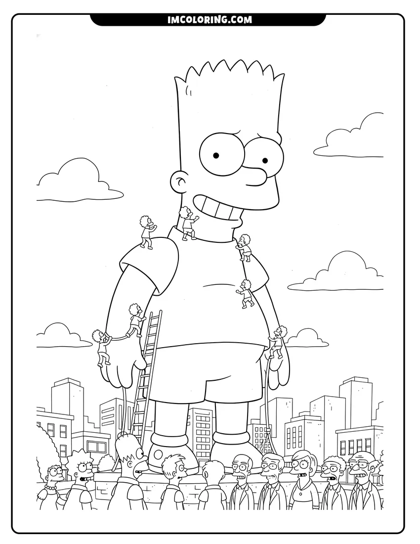 Kids activity sheet showing A giant Bart Simpson statue towering over a city