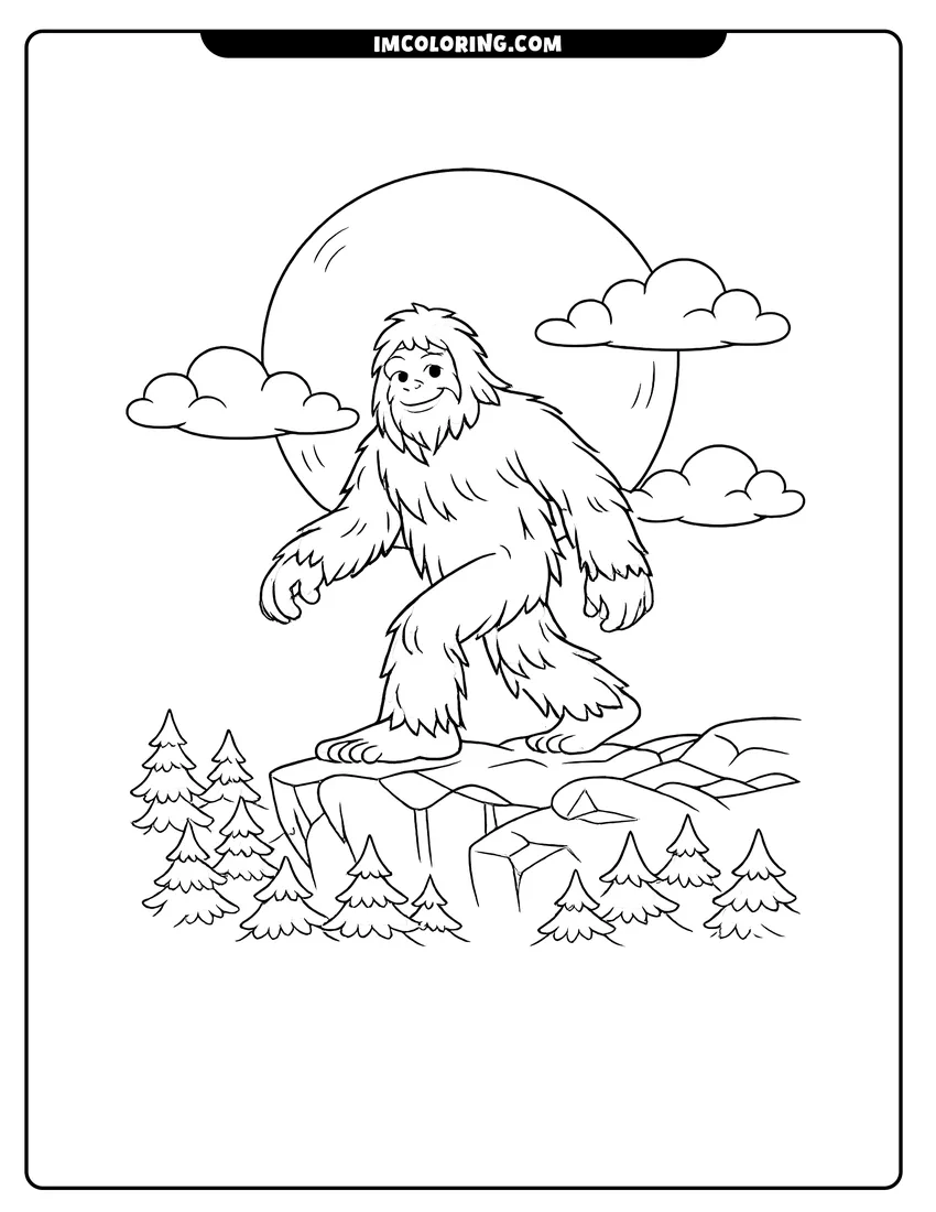 Printable Bigfoot Yeti walking on cliff with giant full moon coloring activity