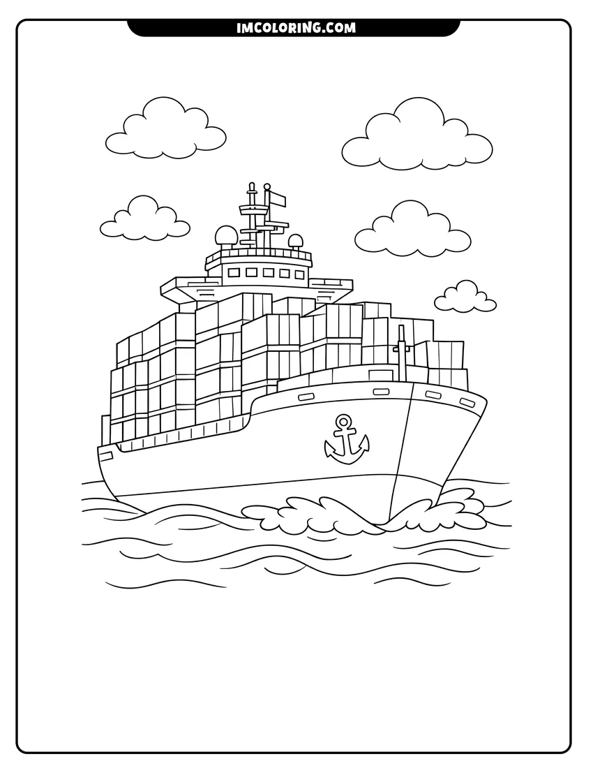 Printable outline of Massive container ship loaded with cargo on open seas