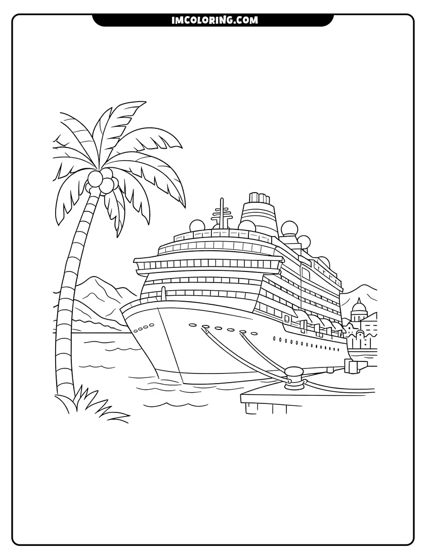 Massive cruise ship docked at a seaside city port drawing meant for coloring
