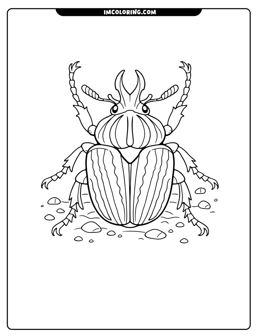 Coloring sheet of Goliath beetle with striped patterns and forked horn for kids