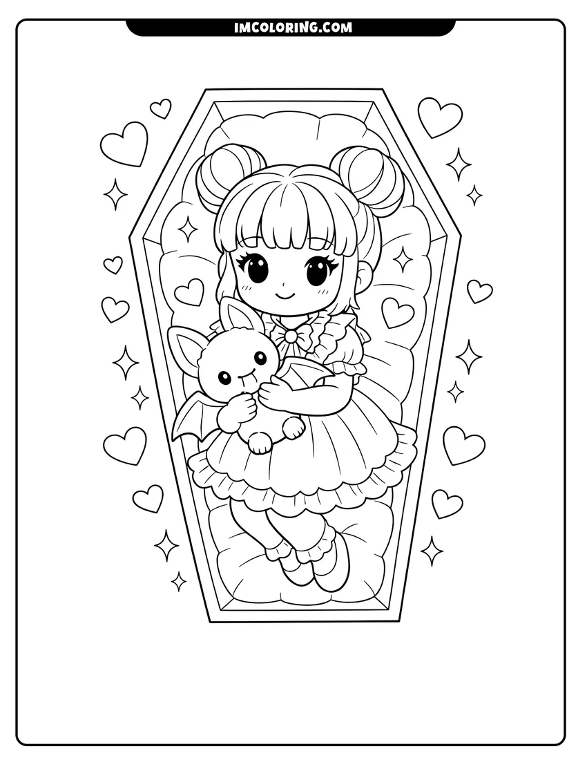 Simple sketch of Girl in a dress hugging a plush bat toy for children