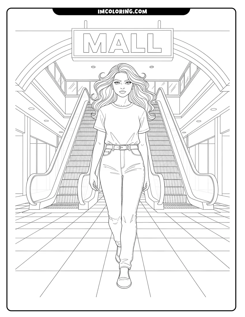 Vector style outline of Confident teen girl with wavy hair at the 80s mall