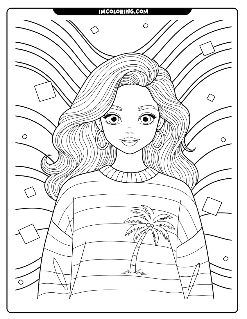 Coloring page for kids: Stylish girl with wavy hair wearing a palm tree sweater