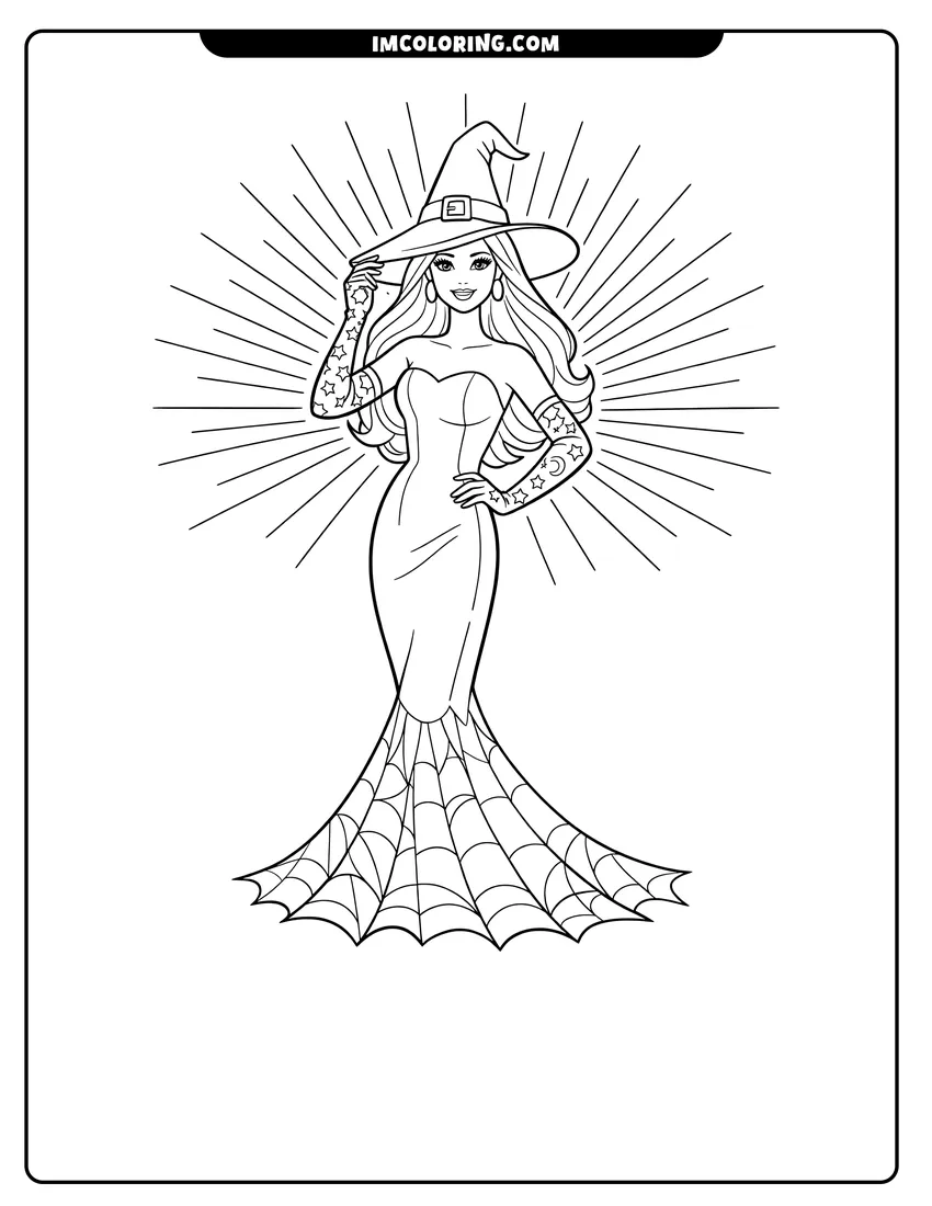 Outline of Glamorous witch Barbie in a spiderweb gown on a white background