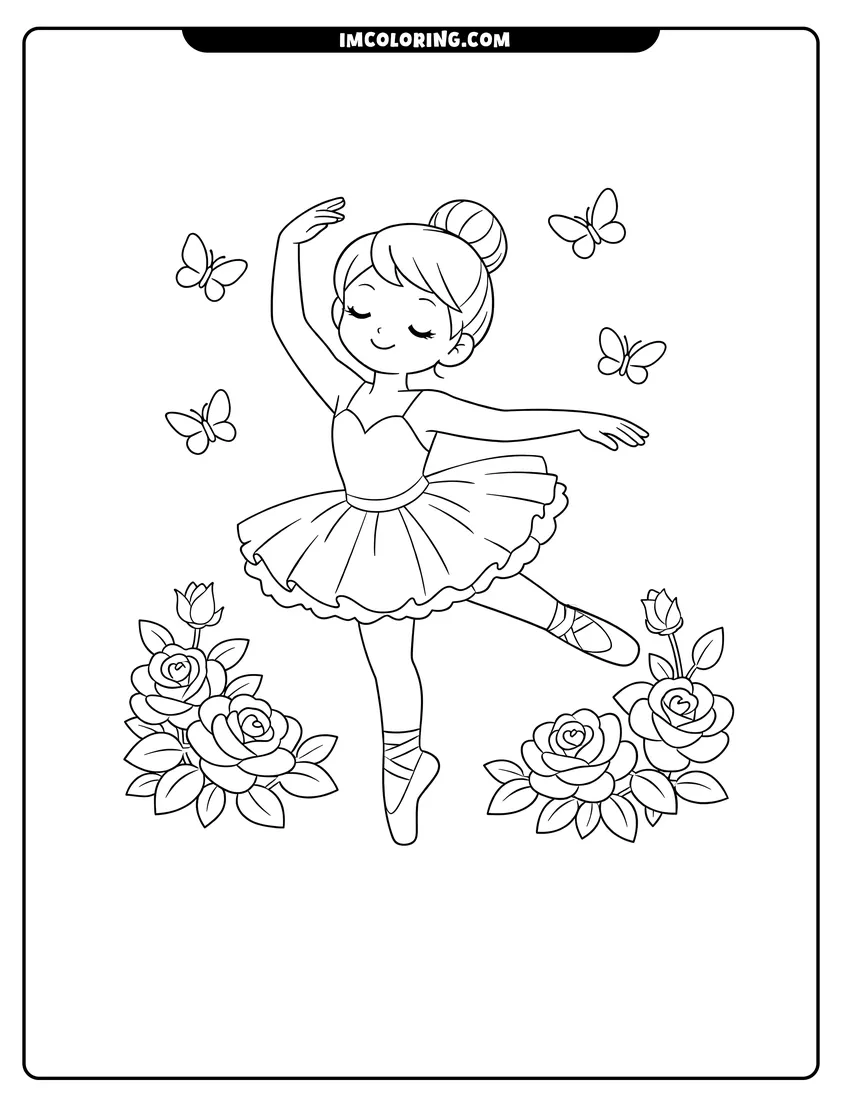 Line art depicting Graceful ballerina dancing in a garden with butterflies
