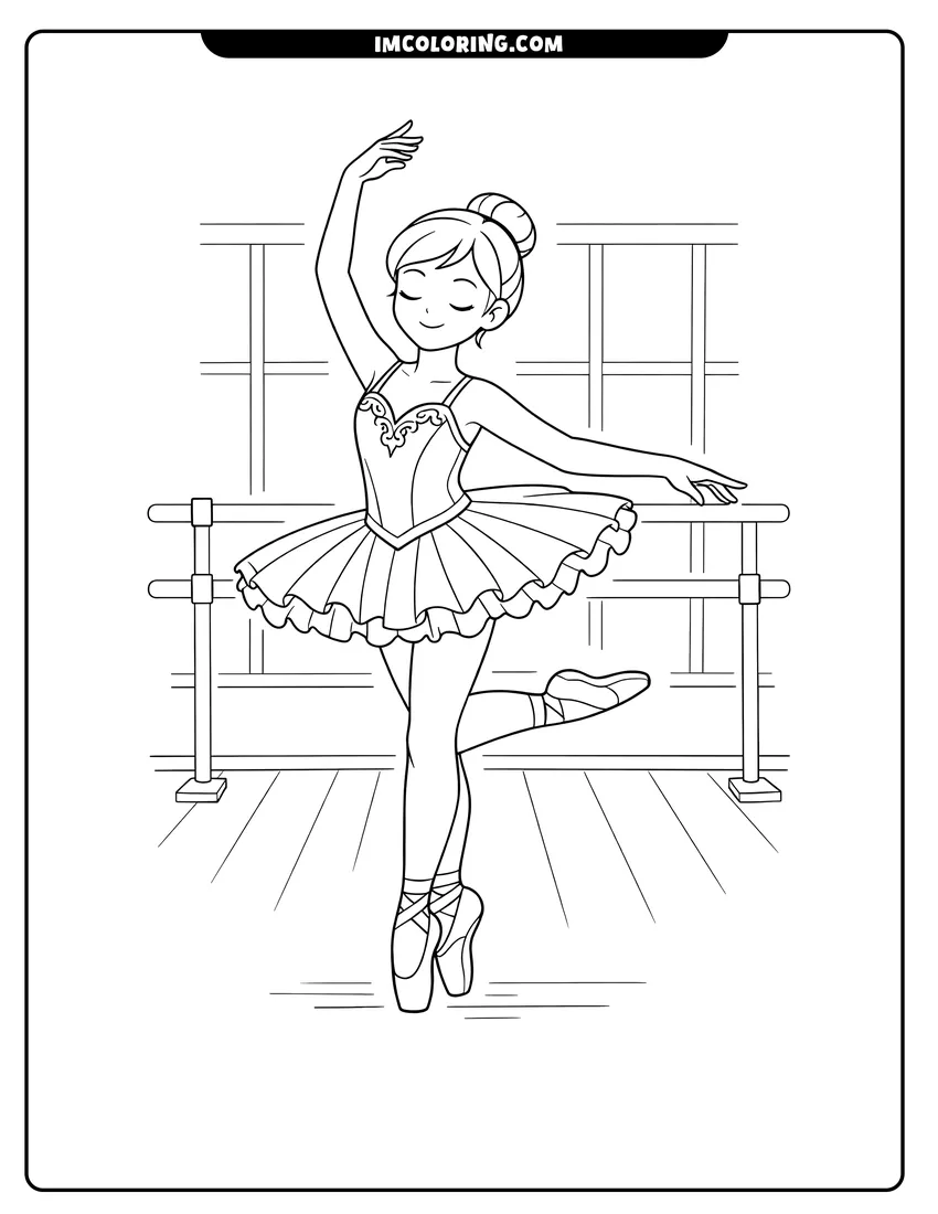 Coloring sheet of Graceful ballerina practicing in a detailed dance studio for kids