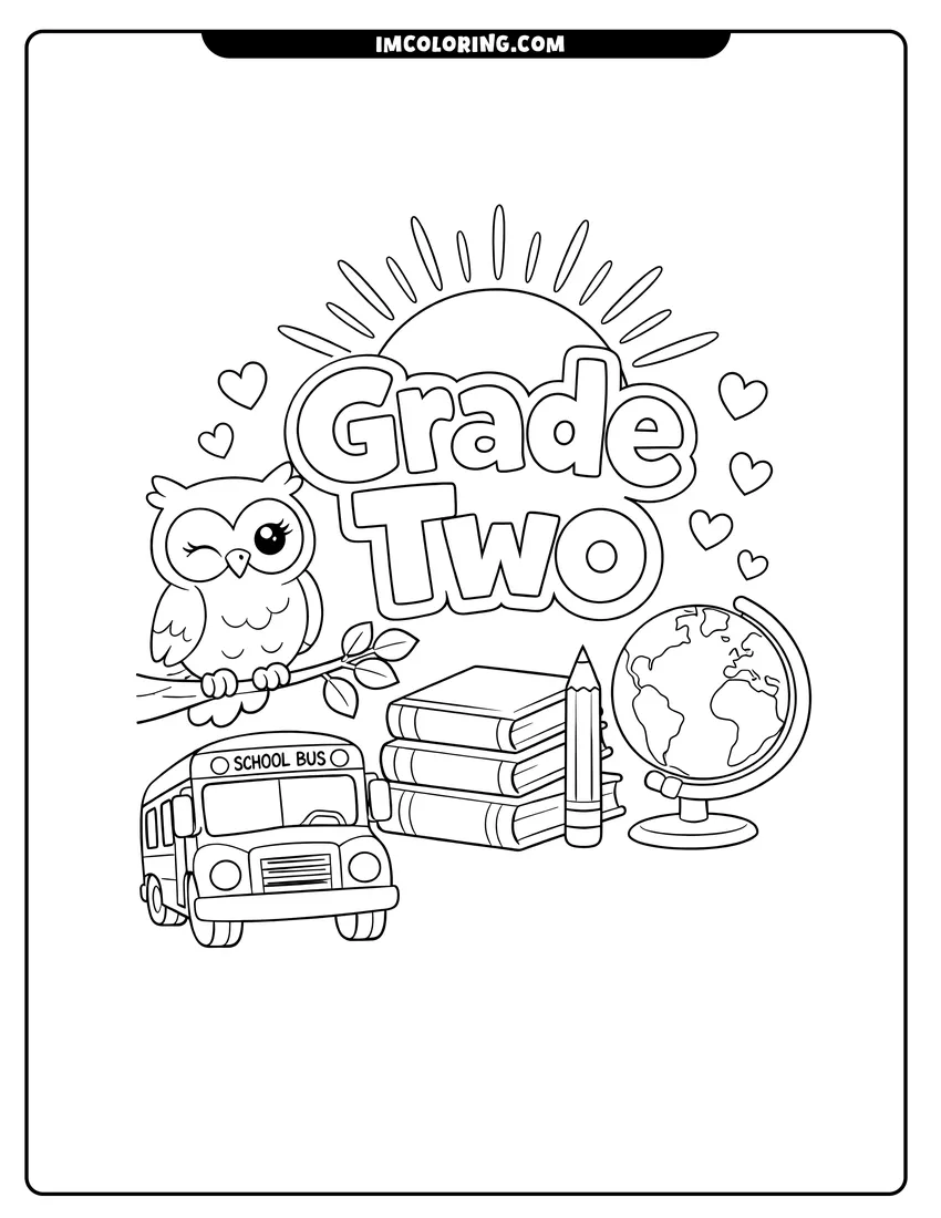 Black and white Winking owl with Grade Two sign and bus coloring sheet