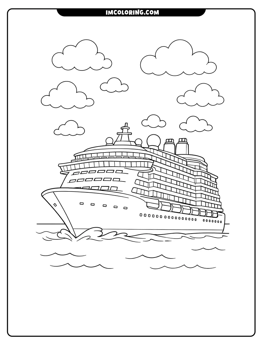 Cute Large multi-deck cruise ship with balconies on calm ocean outline for coloring