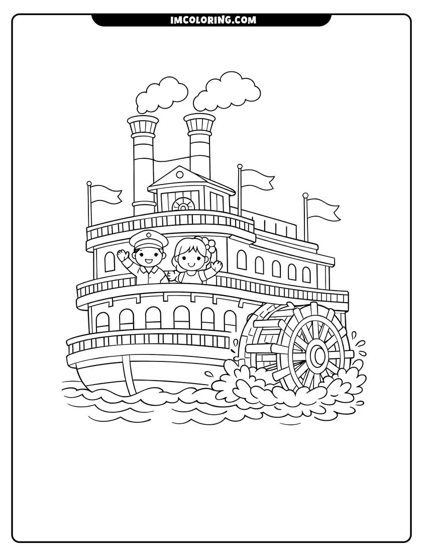 Scene showing Grand multi-deck paddle steamboat with flags and smokestacks to color
