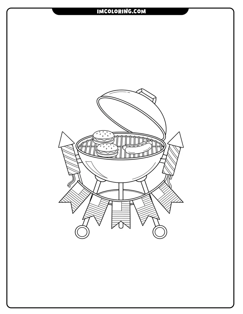 PDF style coloring page: Barbecue grill with hamburgers, hot dogs, and American flags