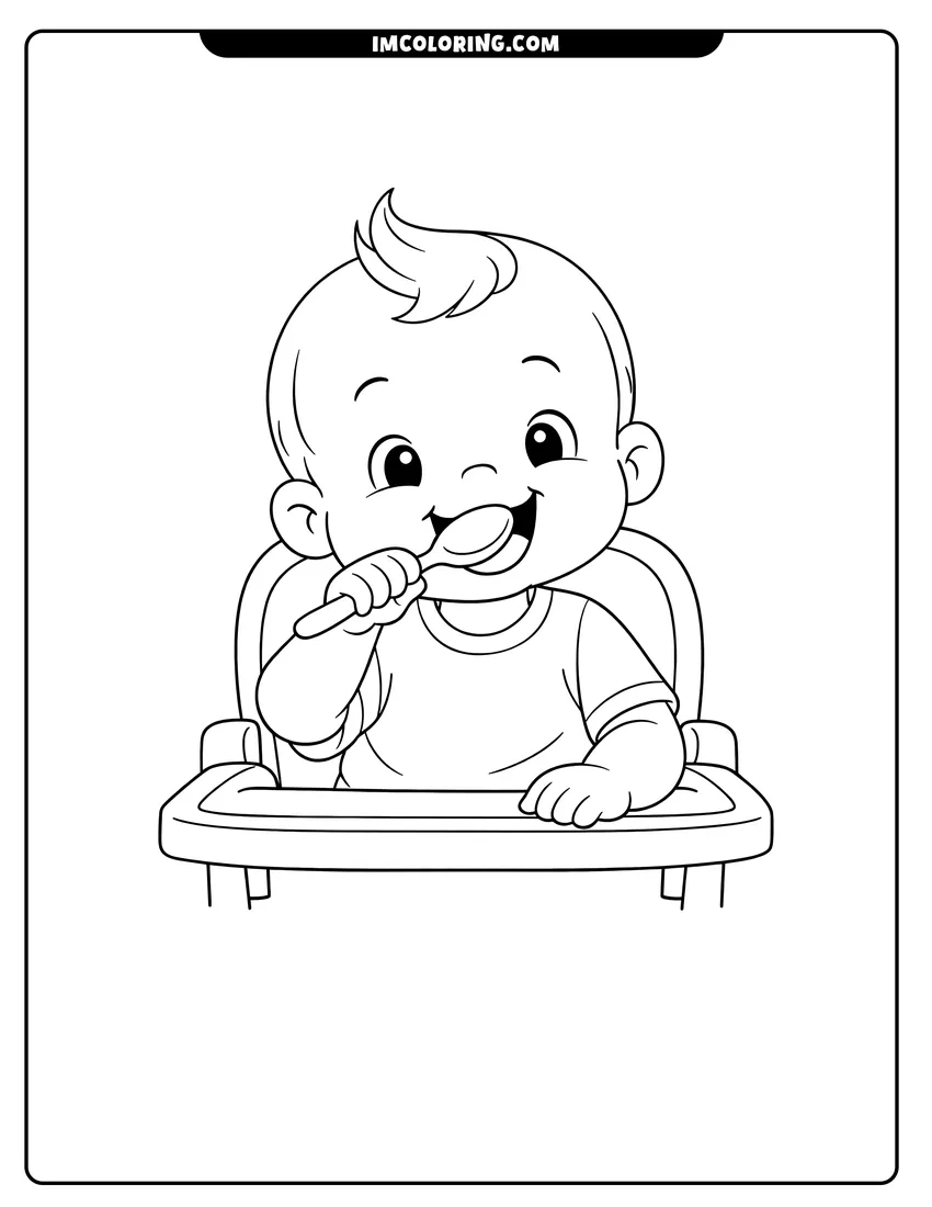 Printable Grinning toddler holding a spoon in high chair coloring activity