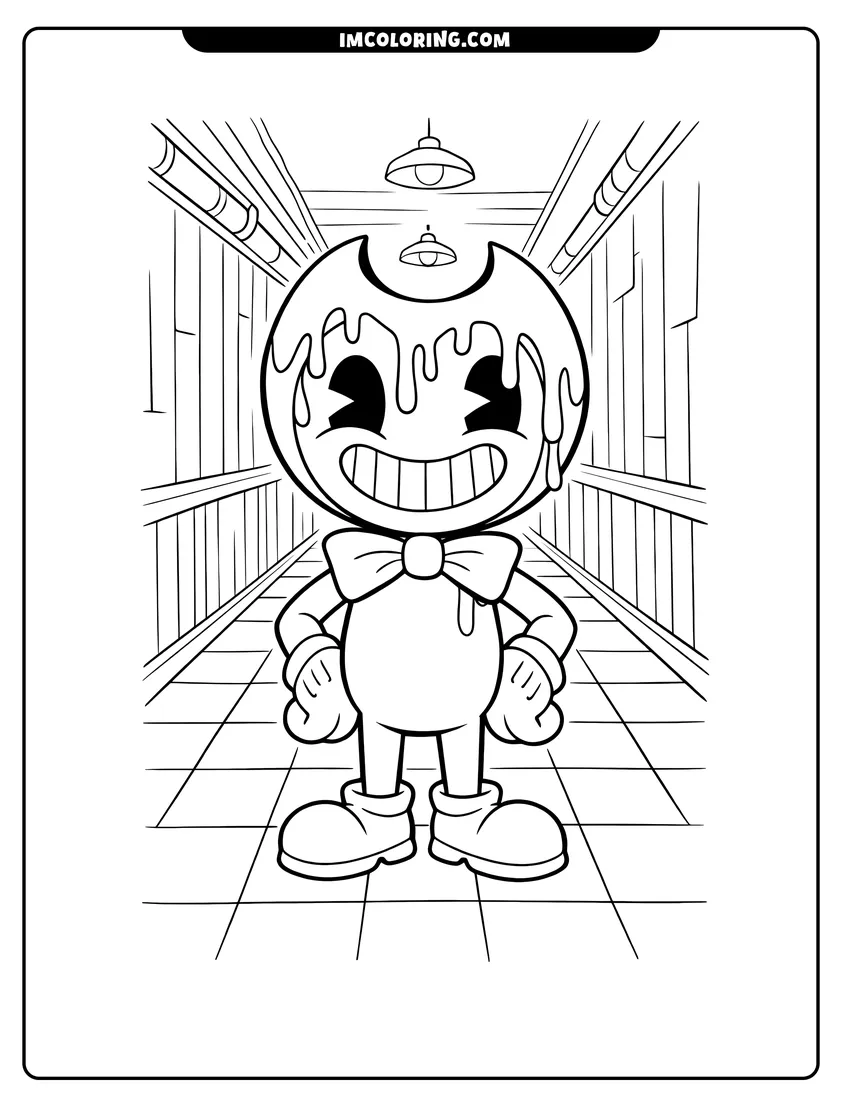Line art depicting Bendy grinning in a hallway with a checkered floor
