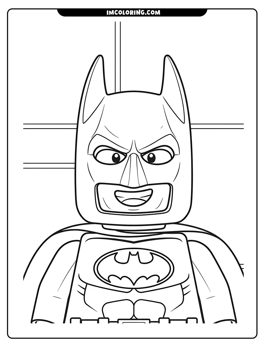 Printable outline of Closeup of a grinning Lego Batman minifigure face