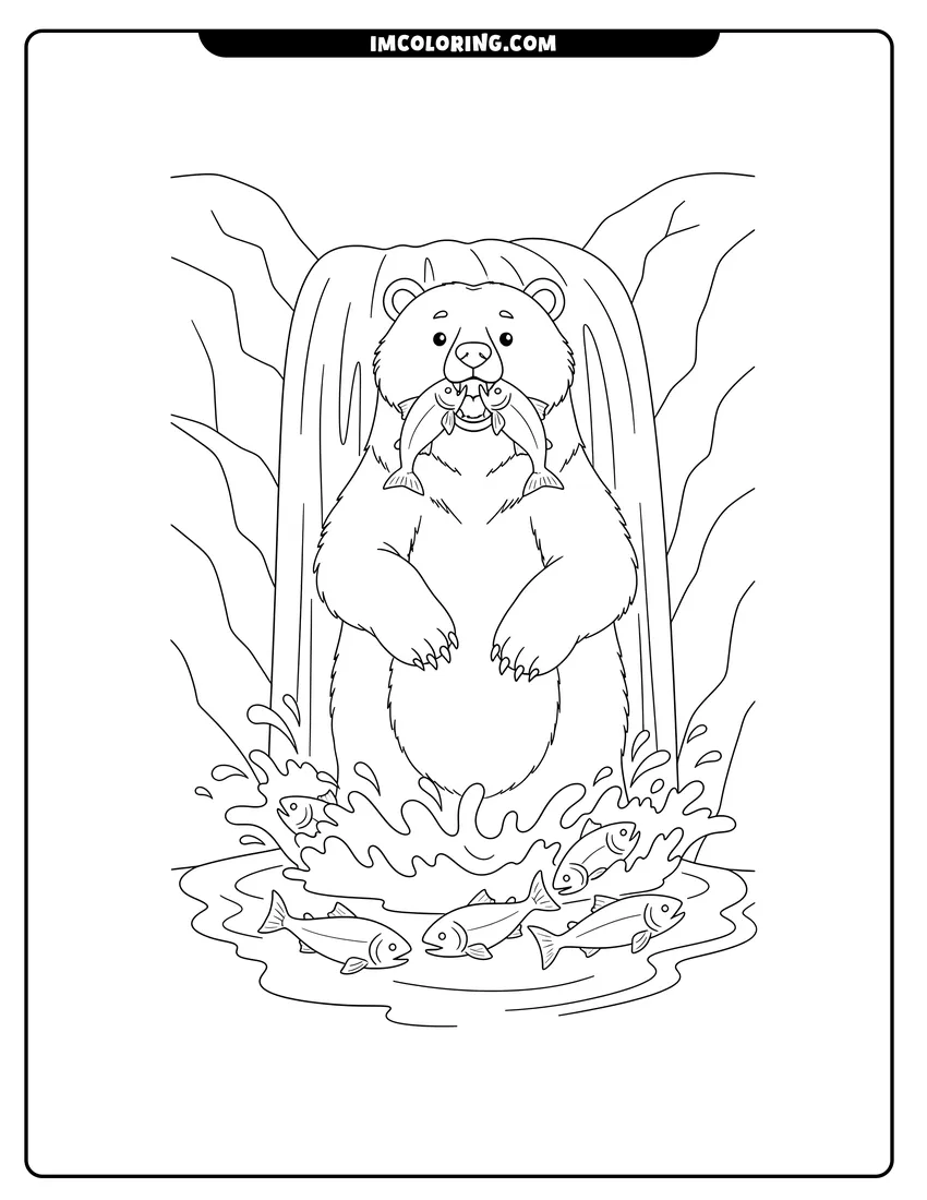 Printable Grizzly bear in a waterfall with salmon coloring activity