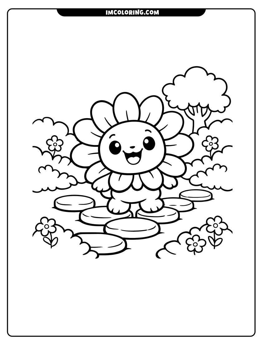 Printable Grumbles the Fuzzly standing in a garden coloring activity