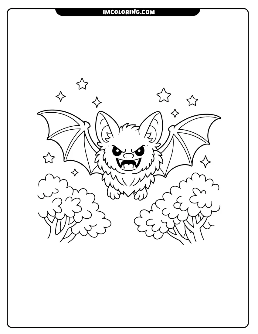 Simple sketch of Angry bat showing fangs while flying through trees for children