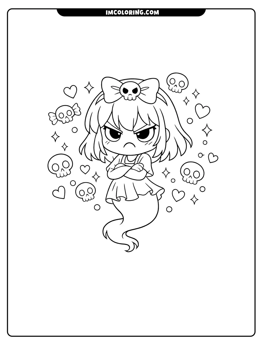 Simple line drawing of Carrie Krueger the ghost floating with skulls and hearts