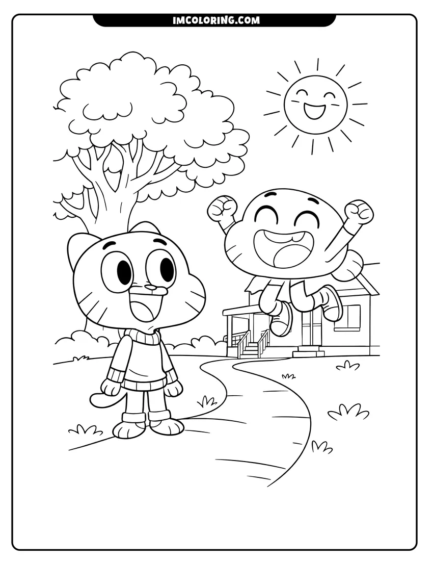 Gumball and Darwin jumping for joy outside their house coloring page for preschoolers