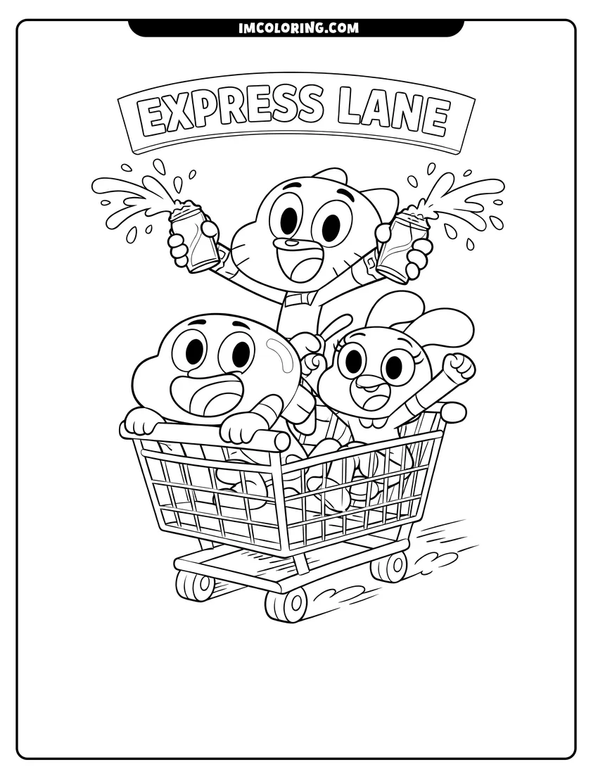 Cute Gumball, Darwin, and Anais riding a shopping cart outline for coloring