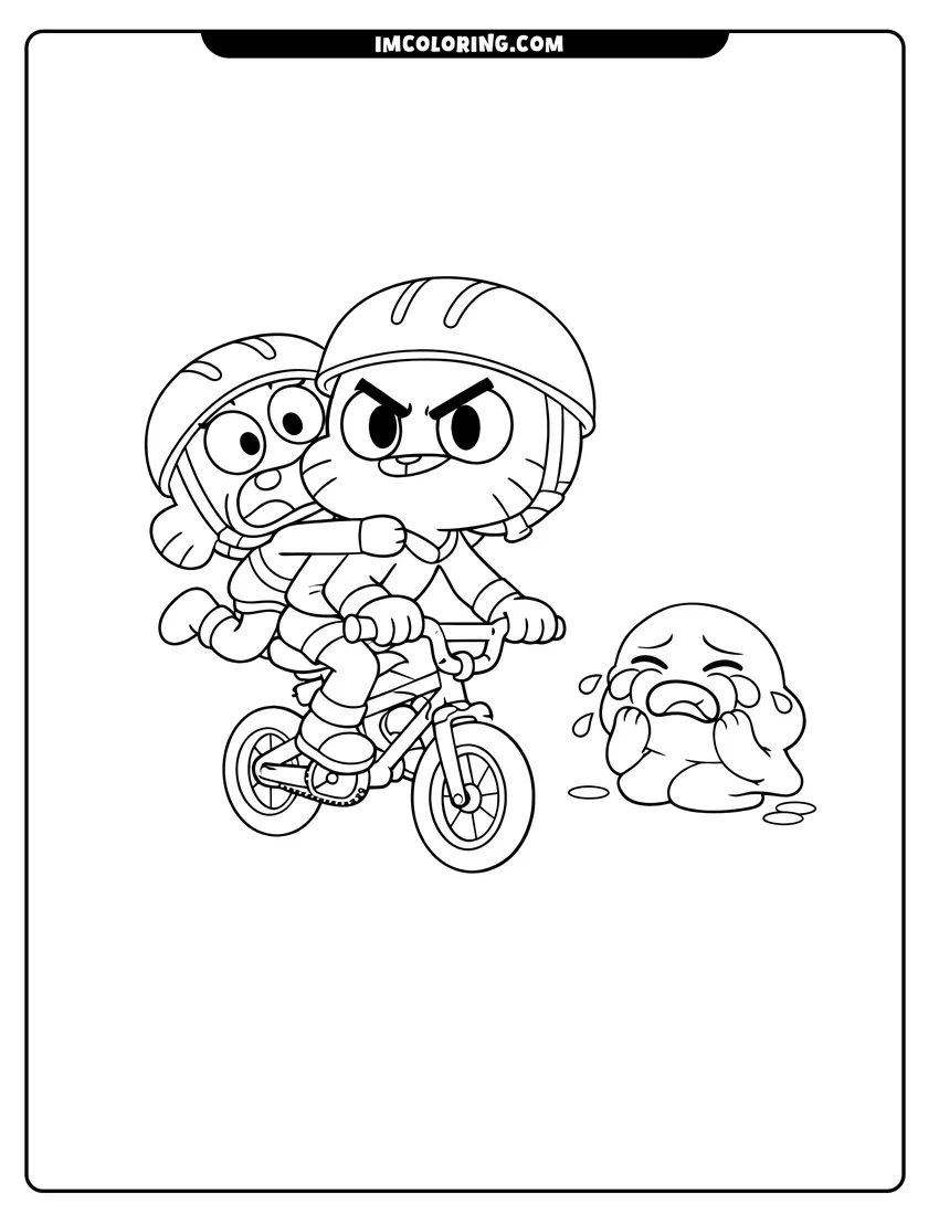 Printable Darwin clinging to Gumball on a small bicycle coloring activity