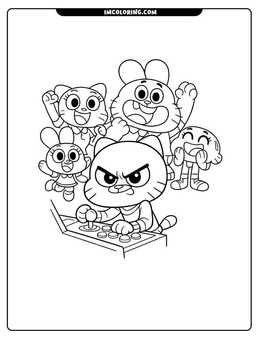 Kids activity sheet showing Gumball playing an arcade game with his family cheering