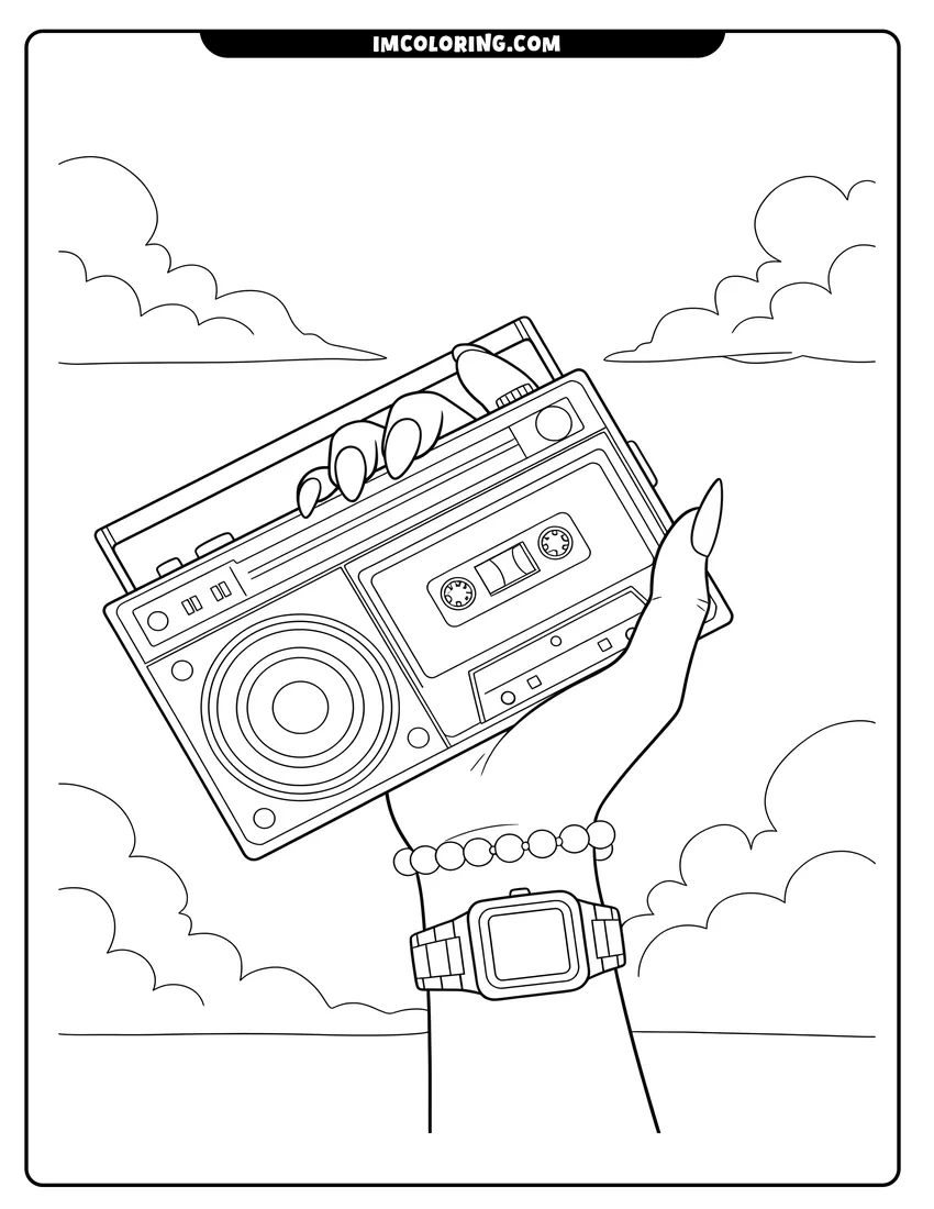 PDF style coloring page: Hand holding a cassette player and tape against cloudy sky