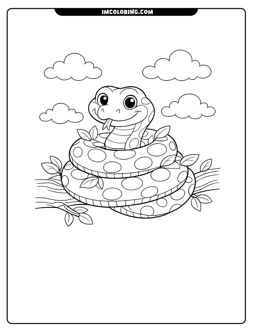 Printable Friendly spotted Anaconda on a branch with fluffy clouds coloring activity