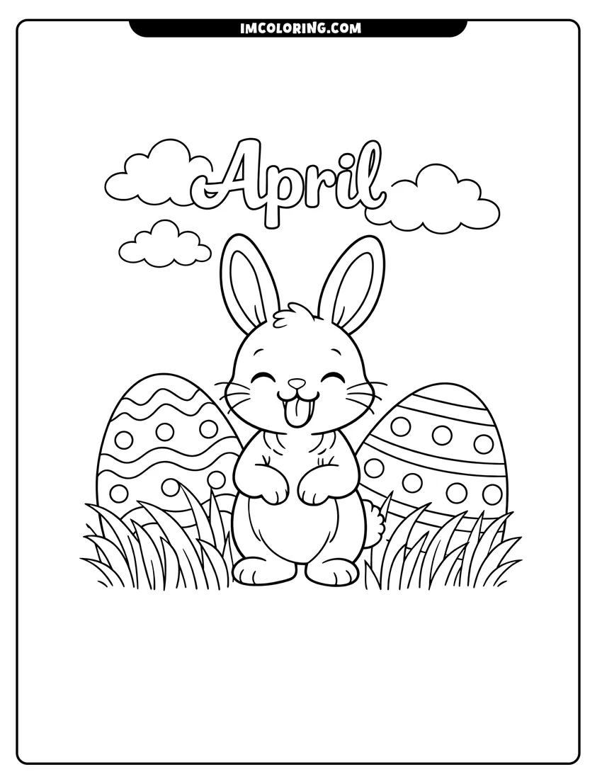 Easy-to-color Happy bunny standing next to giant patterned eggs illustration