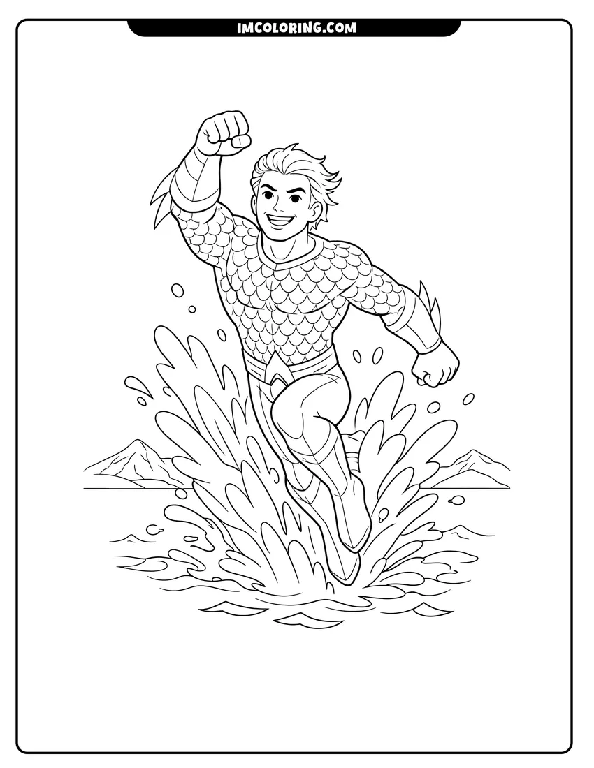 Line art depicting Smiling Aquaman leaping out of the water with splashes