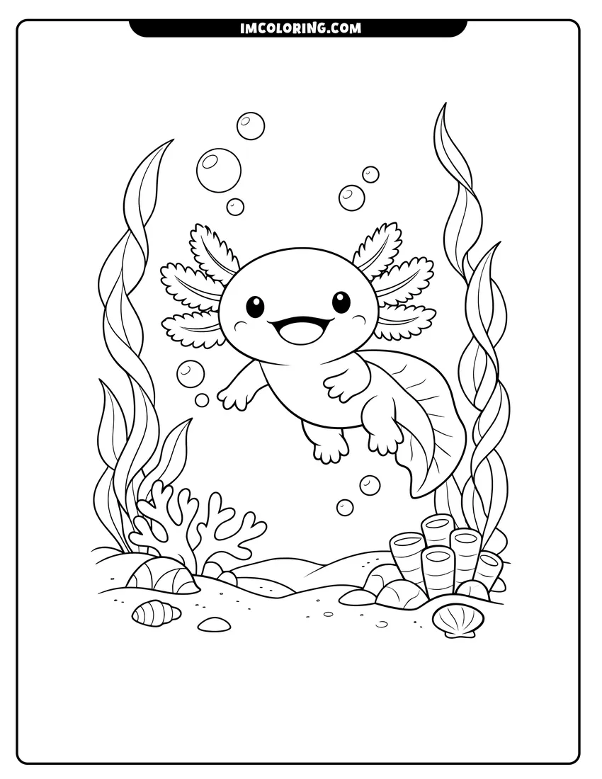 Happy axolotl swimming underwater with seaweed and coral drawing meant for coloring
